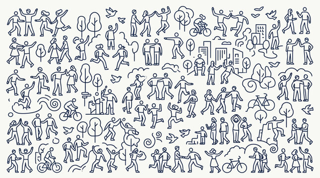 Diverse group of people engaging in various activities in a doodle style illustration.