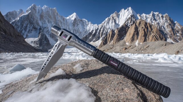 Sharp gleaming ice axe with rubber grip resting on snowy mountain terrain