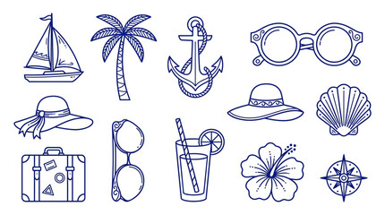 Hand drawn summer vacation and travel themed doodles set. © xigma