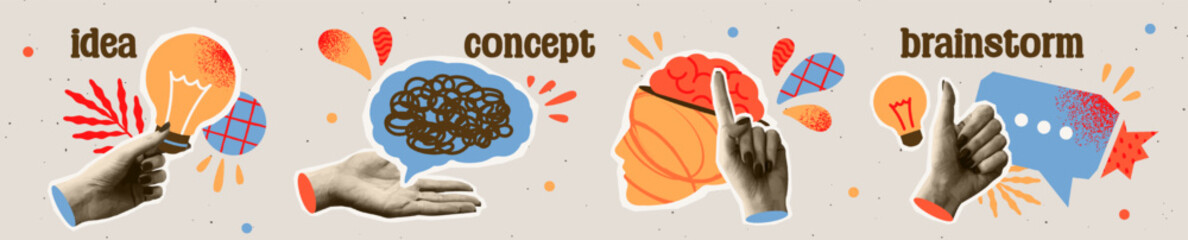 Trendy halftone collage. Realistic textured hands holding light bulb and giving thumbs up gesture. Brainstorming and coming up with creative idea. Vector illustration collection isolated on background