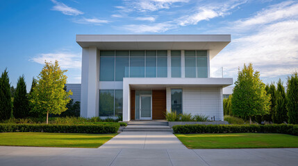 Modern and stylish home with a beautiful lawn and a bright blue sky. The house has a minimalist design, with large windows and a clean white exterior