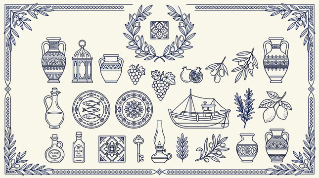 Hand-drawn collection of traditional Greek and Mediterranean elements.