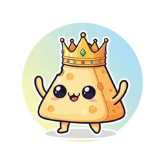 A cheerful cartoon cheese wedge wearing a crown, presented on a pastel green and blue gradient background. Perfect for food branding, royalty concepts, and playful marketing materials.