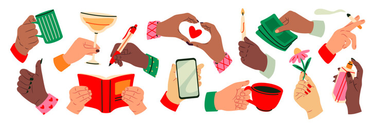 Set of hands holding various stuff. Stickers with hands of men and women holding cup, mug with drink, smartphone, book, flower, and candle. Flat vector illustration collection isolated on background