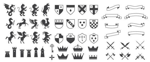 Naklejka premium Heraldic Crest set. Luxury Black and White logos and emblems with animal silhouettes, shields, swords, crowns and retro ribbons. Flat vector illustration collection isolated on background