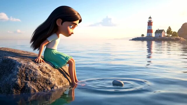 A smiling animated girl deeply focused on kids summer adventures enjoys the simple joy of river rock skipping across tranquil waters as the sun sets.