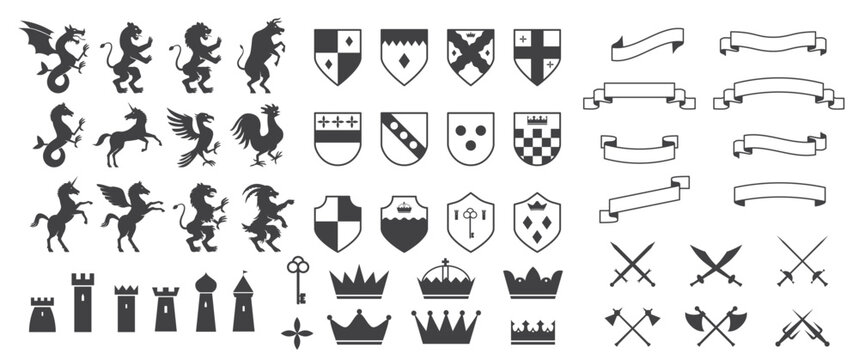 Heraldic Crest set. Luxury Black and White logos and emblems with animal silhouettes, shields, swords, crowns and retro ribbons. Flat vector illustration collection isolated on background