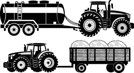 Agricultural tractor towing water tanker and hay bale trailer silhouette set, farm transport machinery collection isolated for agriculture logistics and rural farming equipment design © Sarsoti