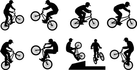 Naklejka premium BMX rider silhouettes performing freestyle bicycle tricks and jumps extreme cycling sport action vector illustration collection isolated on white background