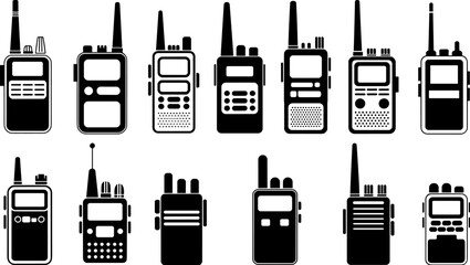Collection of handheld walkie talkie radios, portable two way communication devices set, black radio transceivers icons isolated on white background, wireless communication technology concept © Sarsoti