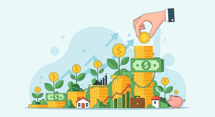 Obraz premium Hand adding coin to stack of money.