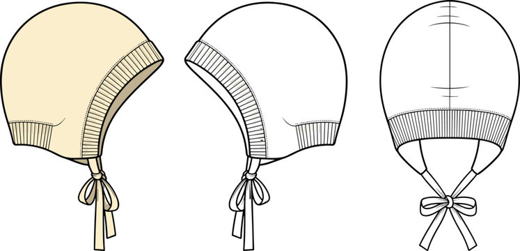 Infant Baby Bonnet Hat Flat Technical Sketch and Newborn Beanie Fashion Vector Template