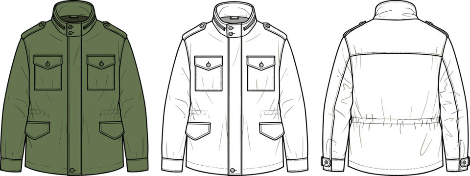 Men Military Field Jacket Technical Flat Sketch Vector Illustration Set in Front and Back View