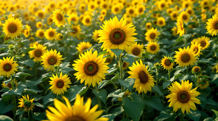 Fototapeta premium Field of sunflowers in bright summer sunlight