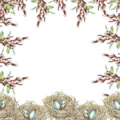 Fototapeta premium Watercolor square frame with copy space. Easter nest and blue egg and willow with green leaves on white background. Bird house made of twigs and branches. Spring decor for celebration. Mother's day