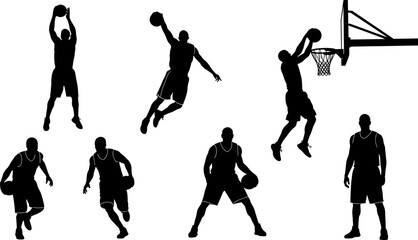 Silhouettes of male basketball players in action poses, including shooting, dribbling, and dunking the ball, representing professional sport vector illustration set © Sarsoti