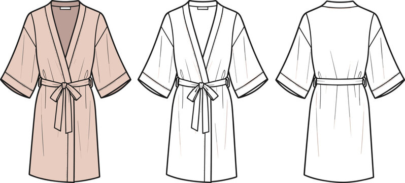 Women's Bathrobe Technical Flat Sketch, Kimono Robe Front and Back View, Sleepwear Design Template