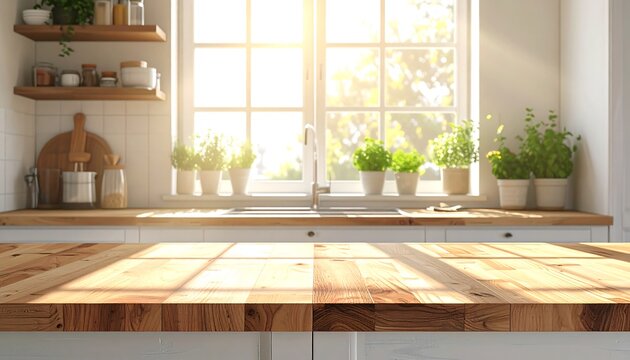 A sun-drenched, inviting kitchen scene showcases a wooden countertop with sunlight illuminating the space. Plants sit by a window