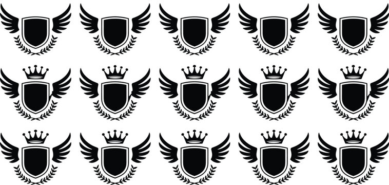Set of heraldic shield emblems with wings and crowns, black silhouettes for luxury logo and brand identity design.