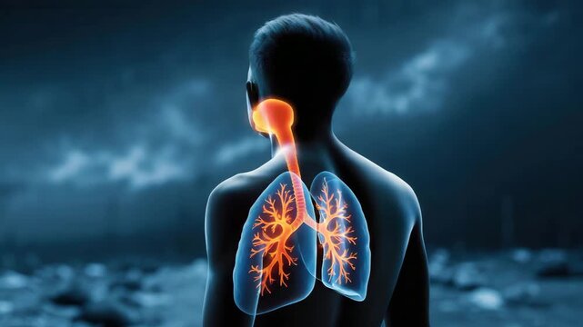 Man with glowing lungs and airways in dark environment