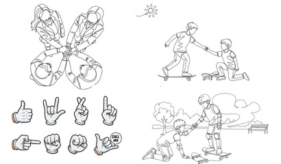 Obraz premium A vector graphic illustration of people skateboarding and hand signs