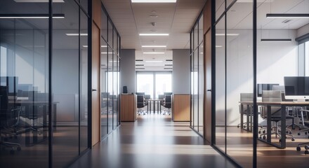 Naklejka premium Modern office interior hallway with glass walls and furniture reflecting natural light from windows
