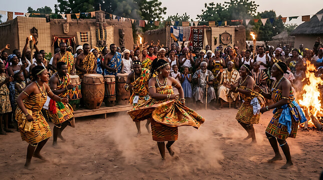 African women dancing around a fire in a rustic village celebration, captured from a vibrant front‑view perspective