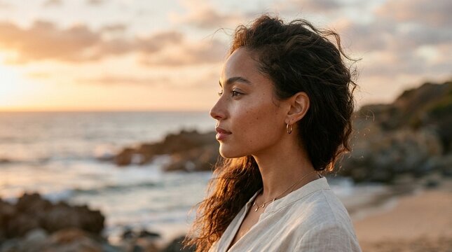 Young woman in side profile stands on a rocky beach at sunset, warm light and ocean waves behind her, calm reflective mood for travel and lifestyle themes