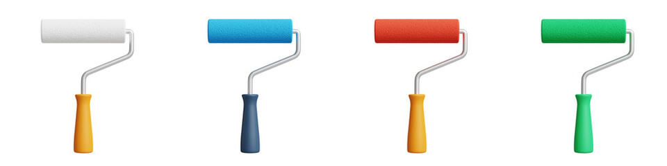 Colorful Paint roller, Roller Paint Foam Brush For Wall Painting 3d icon illustration isolated on transparent background. Home renovation, painting, decoration DIY concept. Bright construction tools