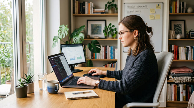 Woman working remotely from home office with laptop and computer screen, embracing modern work-from-home lifestyle and technology
