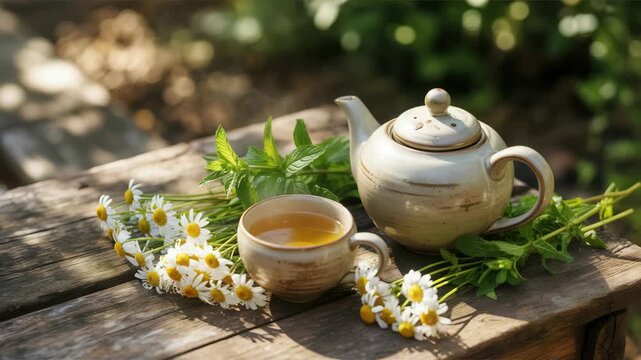 Cozy outdoor tea setup with chamomile flowers and herbal brew on rustic wooden table