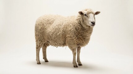 Fototapeta premium White sheep standing looking forward against a clean white background
