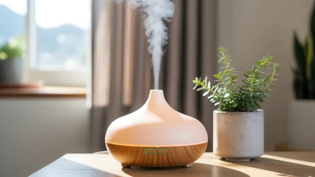 Modern essential oil diffuser with steam on wooden table near green plant