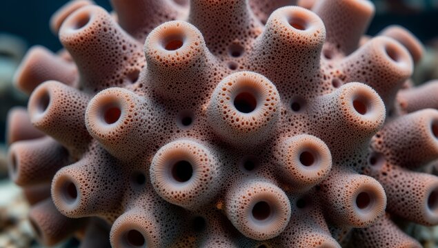 Extreme close up of a porous tubular marine sponge with a textured surface and circular openings