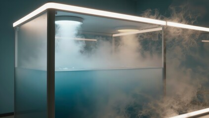 Naklejka premium Modern enclosed chamber filled with blue liquid and swirling white vapor under bright illumination