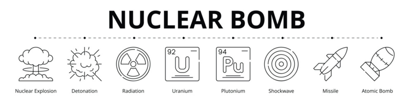 Nuclear Bomb Line Icons Vector - Nuclear Explosion, Detonation, Radiation, Uranium, Plutonium, Shockwave, Missile, Atomic Bomb 