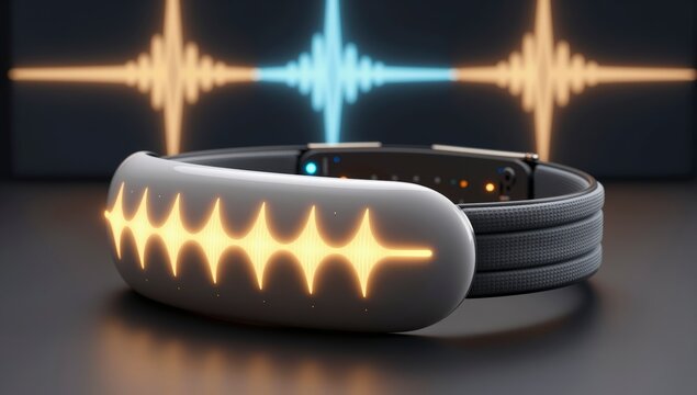 Futuristic electronic device displays glowing waveform patterns against a digitally rendered abstract background