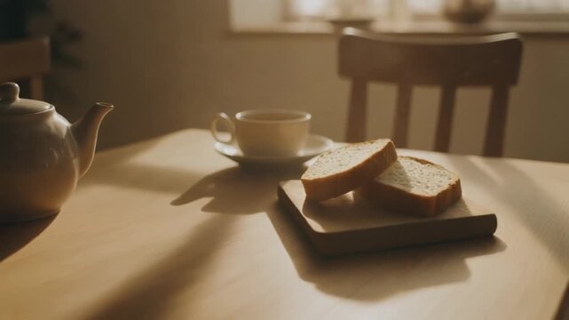 Close up view of breakfast table setting with teapot teacup saucer and toast slices on wooden board bathed in soft natural light creating warm inviting atmosphere