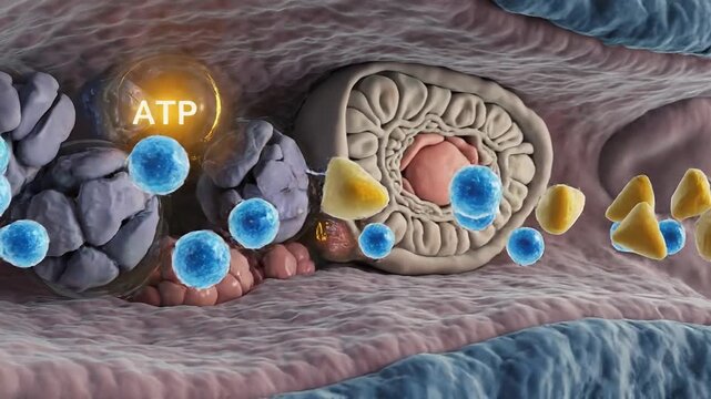 Microscopic 3D Render of Nephron Reabsorption and ATP Active Transport