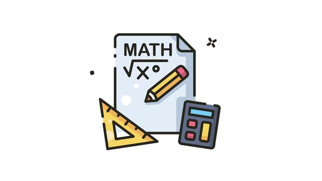 Animation icon loop features a paper filled with math pencil calculator animated set square.