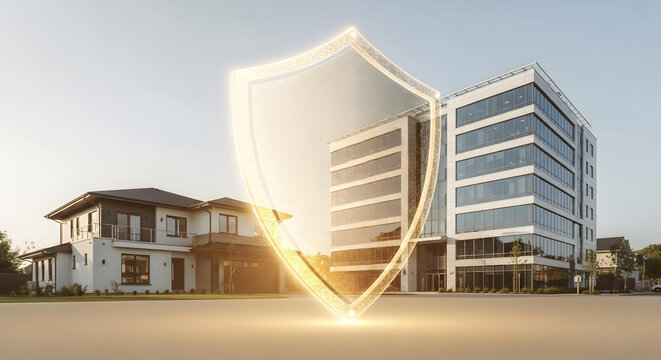 Modern office building and luxury house protected by a glowing shield of security