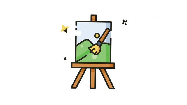 Animation icon loop presents a painting on an easel with a paintbrush tool animated continuously.