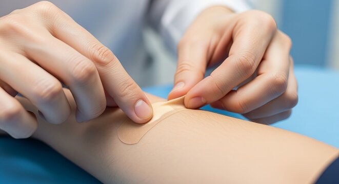 Doctor applies a skin-colored adhesive bandage on a patient s arm to promote faster healing.