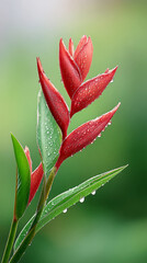 Fototapeta premium Vibrant red heliconia with water drops in lush green background