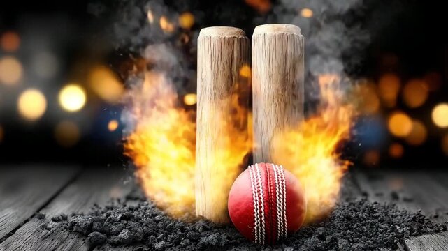 Cricket ball smashing into burning stumps on fiery coals