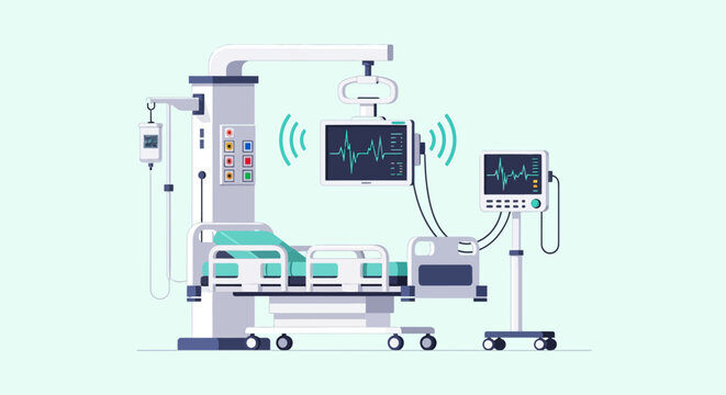 Advanced hospital room setup with smart medical technology: a patient bed, IV drip, and two vital signs monitors wirelessly displaying ECG heart rate waveforms in a modern healthcare facility.