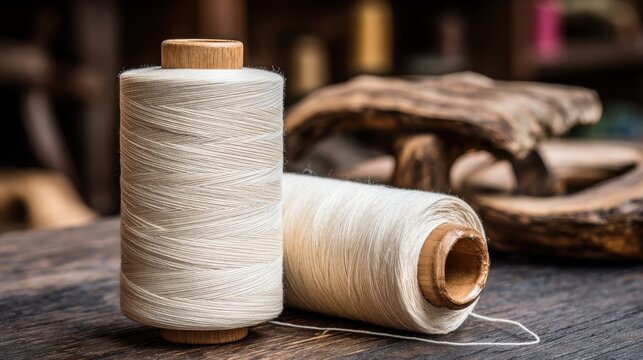 Two neat spools of white cotton thread with wooden ends sit on a rustic wooden surface