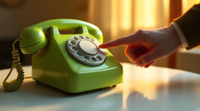 Vintage green rotary phone with hand dialing