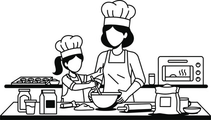 Happy mother's day illustration of mom and child cooking together