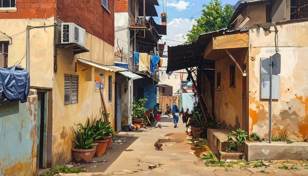A sunlit alley scene depicts modest dwellings, with weathered walls, potted plants, and people strolling. Overhead wires cross the narrow street